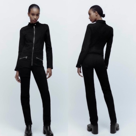 ZARA long sleeve black zip up denim jumpsuit Sz. S NWOT - Picture 2 of 14